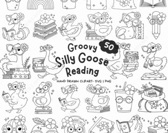 50 Groovy Silly Goose Reading SVG Bundle, Silly Goose SVG, Goose svg, Doodle Animal SVG, Goose Reading svg, Bookish Clipart, Book Lover Svg