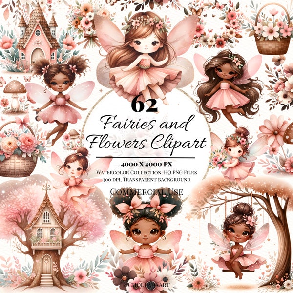 Fairies and Flowers Clipart, Watercolor Fairy, Fairy Garden Png, Fairy Png, Cute Fairy, Fairy Birthday, Fairy Party Decor, Fairies Clipart