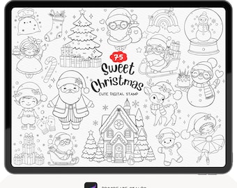 May include: A set of 75 black and white digital stamps featuring cute Christmas illustrations. The illustrations include Santa Claus, reindeer, elves, snowmen, Christmas trees, presents, candy canes, and more.