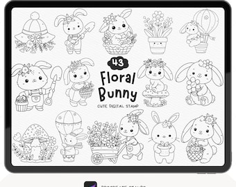 Blommig kanin Procreate stämpel, Procreate kanin stämpel, Vårkanin stämpel, Kanin stämpel, Djurstämpel, Vårblomstämpel, Digital stämpel