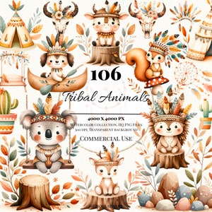 Watercolor Tribal Animals Clipart, Tribal Animals Clipart, Tribal clipart, Woodland Tribal Animals Clipart, Cute Woodland Clipart