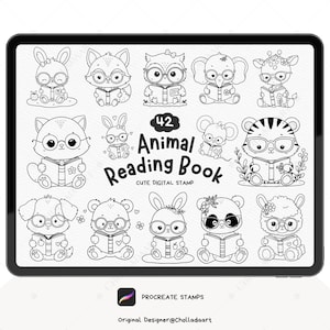 Procreate Animal Reading Book Stamp Bundle, Animal Procreate Stamp, Animal Stamp, Animal Doodle Procreate Stamp, Procreate Brush set