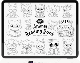 Paquete de sellos Procreate Animal Reading Book, sello Procreate de animales, sello Procreate de animales, sello Procreate de garabatos de animales, juego de pinceles Procreate