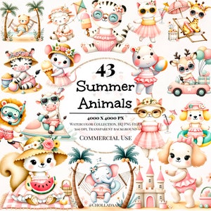 Watercolor Summer Animals Clipart, Summer animals clipart, Watercolor Summer Clipart, Animal Clipart, Cute Summer Clipart, Summer Clipart