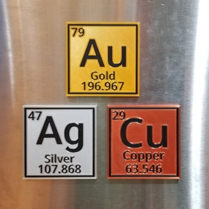 May include: Three square magnets with the chemical symbols and names for gold, silver, and copper. The magnets are gold, silver, and copper colored, respectively. The atomic number and atomic weight are also included on each magnet.