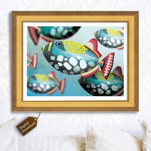 Stylized Coral Reef Clown Trigger Fish Poster – Digital Download, Ocean & Sea Life Art, Customizable 18x24” Printable, High-Quality TIFF