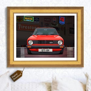 Póster de garaje VW Golf GTI MK1 rojo: descarga digital de alta calidad de 300 ppp, archivo TIFF de 18 x 24” para amantes de los autos y la automoción retro