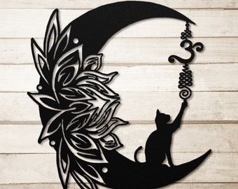 Lotus Moon Metal Wall Art, Playful Cat, Sanskrit Breathe Symbol