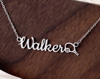 Collar personalizado con nombre y raqueta de tenis, acero inoxidable