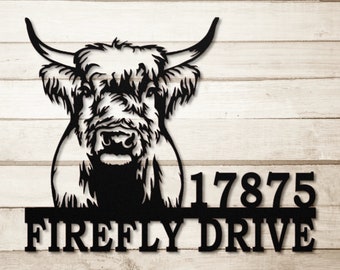 Letrero de metal personalizado con la dirección de una vaca de las Tierras Altas, decoración rústica personalizada