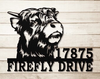 Letrero metálico personalizado con la dirección de una vaca de las Tierras Altas, decoración de granja escocesa