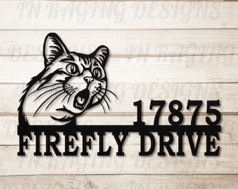 Letrero metálico con el número de la casa de un gato, placa de dirección personalizada