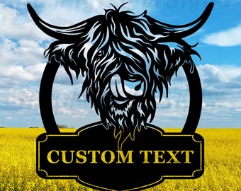 Custom Highland Cow Metal Sign, Farmhouse Welcome Door Hanger