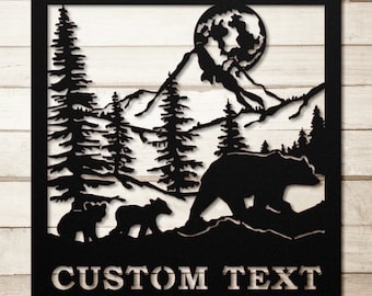 Letrero metálico personalizado de familia de osos, arte mural de naturaleza
