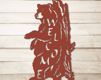 Letrero metálico "Bienvenida al oso", decoración rústica de cabaña, hecho en EE. UU.