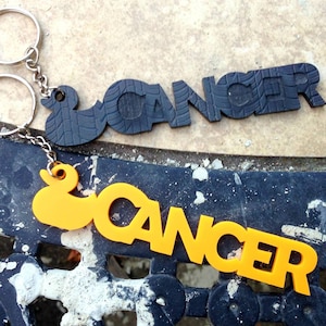 May include: Two keychains with the word "CANCER". One keychain is black with a duck-shaped design, and the other is yellow. Both keychains are made of a rubbery material.