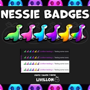Op de afbeelding: Een set van zes kleurrijke Nessie-badges, elk met een ander kleurenschema. De badges hebben de vorm van een cartoon-Nessie, een mythisch wezen uit de Schotse folklore. De badges zijn in een rij gerangschikt, met de Nessie die naar rechts kijkt. De tekst "NESSIE BADGES" wordt bovenaan de afbeelding weergegeven. De tekst "LIVILLON" wordt onderaan de afbeelding weergegeven.