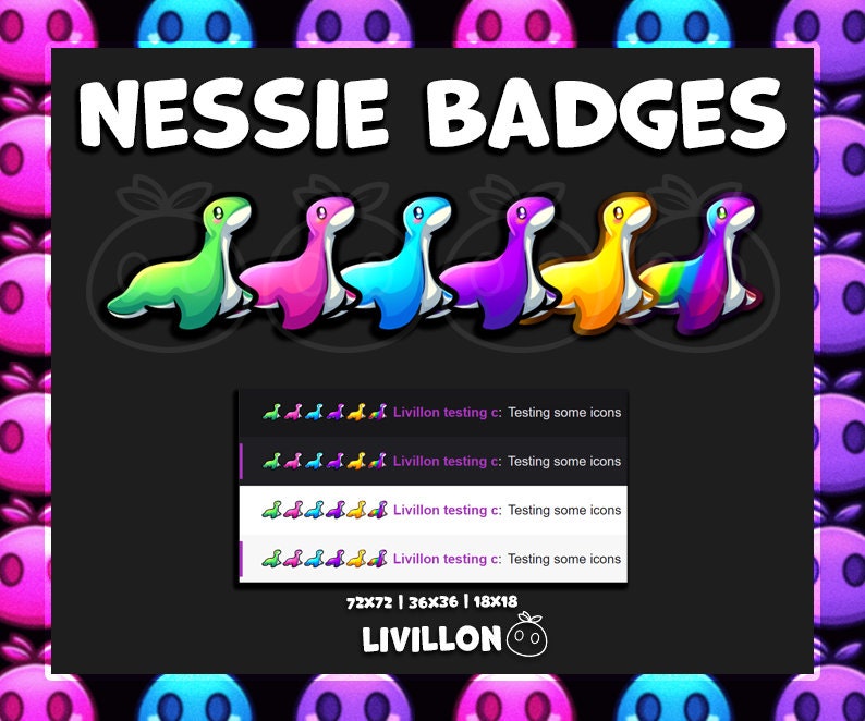 Op de afbeelding: Een set van zes kleurrijke Nessie-badges, elk met een ander kleurenschema. De badges hebben de vorm van een cartoon-Nessie, een mythisch wezen uit de Schotse folklore. De badges zijn in een rij gerangschikt, met de Nessie die naar rechts kijkt. De tekst "NESSIE BADGES" wordt bovenaan de afbeelding weergegeven. De tekst "LIVILLON" wordt onderaan de afbeelding weergegeven.