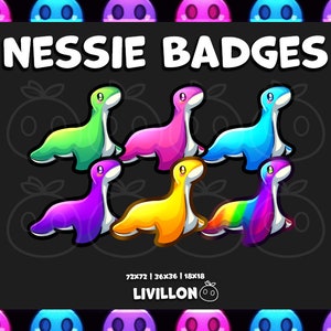 Op de afbeelding: Zes kleurrijke Nessie-badges, elk met een ander kleurenschema. De badges hebben de vorm van een cartoon-Nessie, een mythisch meermonster. De badges zijn in een cirkel gerangschikt, met de tekst "NESSIE BADGES" bovenaan. De tekst "72x72 | 36x36 | 18x18" en "LIVILLON" bevinden zich onderaan.