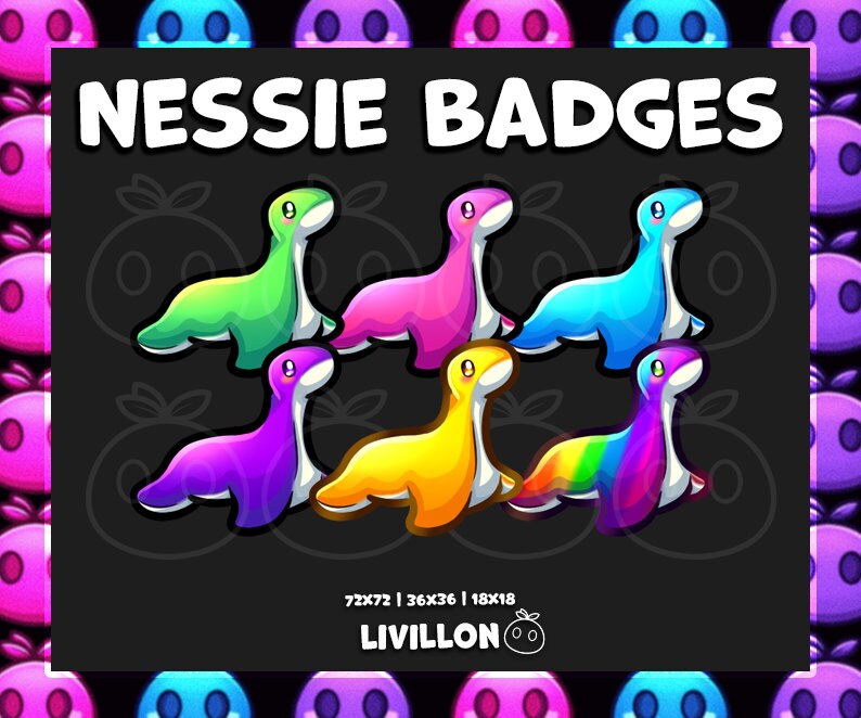Op de afbeelding: Zes kleurrijke Nessie-badges, elk met een ander kleurenschema. De badges hebben de vorm van een cartoon-Nessie, een mythisch meermonster. De badges zijn in een cirkel gerangschikt, met de tekst "NESSIE BADGES" bovenaan. De tekst "72x72 | 36x36 | 18x18" en "LIVILLON" bevinden zich onderaan.