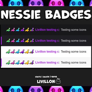 Op de afbeelding: Vier rijen kleurrijke Nessie-badges met de tekst "Livillon testing c: Testing some icons" op elke rij. De badges zijn in verschillende maten: 72x72, 36x36 en 18x18. De tekst "LIVILLON" staat onderaan de afbeelding met een kleine cartoon-aardbei.