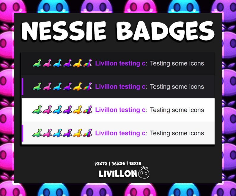 Op de afbeelding: Vier rijen kleurrijke Nessie-badges met de tekst "Livillon testing c: Testing some icons" op elke rij. De badges zijn in verschillende maten: 72x72, 36x36 en 18x18. De tekst "LIVILLON" staat onderaan de afbeelding met een kleine cartoon-aardbei.
