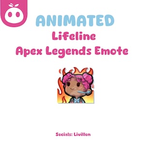 以下が含まれることがあります： Apex Legendsのライフラインのアニメーションエモート。炎の背景に、Apex Legendsのライフラインのデジタルイラスト。彼女はピンクと白の衣装を着て、ヘッドセットを装着し、決意に満ちた表情をしています。