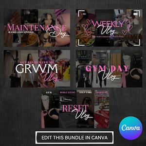 以下が含まれることがあります： 暗い背景にピンクと白のテキストが書かれた、6つのInstagramストーリーテンプレートのセット。テンプレートには、髪と爪の手入れをしている女性、ジムで運動している女性、聖書研究をしている女性、セルフケアをしている女性、買い物をしている女性、リセットブログをしている女性の画像が掲載されています。テンプレートのテキストには、「メンテナンスデー」、「GRWMブログ」、「ジムデーブログ」、「リセットブログ」、「ウィークリーブログ」、「準備はOK」が含まれています。