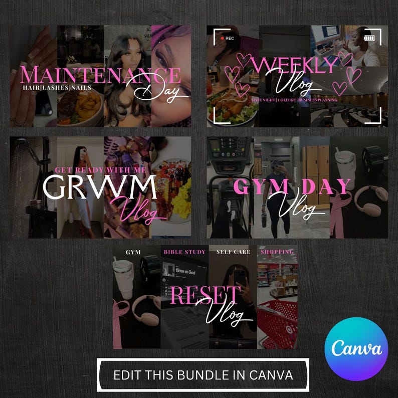 May include: A set of six Instagram story templates with pink and white text on a dark background. The templates feature images of a woman getting her hair and nails done, a woman working out at the gym, a woman doing a bible study, a woman doing self-care, a woman shopping, and a woman doing a reset vlog. The text on the templates includes "Maintenance Day", "GRWM Vlog", "Gym Day Vlog", "Reset Vlog", "Weekly Vlog", and "Get Ready With Me".