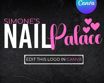 May include: A black and white logo with the text "SIMONE'S NAIL Palace" in pink and white lettering. The logo is on a black background with a pink heart design. The text "EDIT THIS LOGO IN CANVA" is in a white box at the bottom of the image. The Canva logo is in the top right corner of the image.