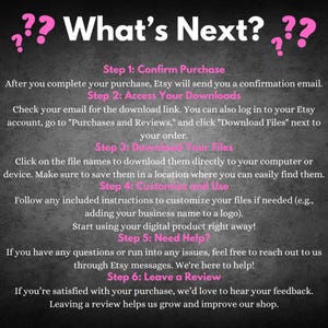 May include: A black and white graphic with pink question marks and the text "What's Next?"  The graphic outlines six steps for buyers after purchasing a digital product on Etsy. The steps include confirming the purchase, accessing downloads, downloading files, customizing and using the product, getting help, and leaving a review.