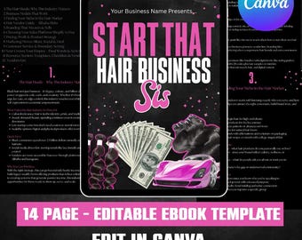 Puede incluir: Plantilla de libro electrónico digital "Start That Hair Business Sis" con un diseño rosa y negro. La portada presenta texto, ilustraciones de dinero, mechones de cabello y un coche deportivo rosa. Incluye una plantilla editable de 14 páginas y una lista de proveedores.
