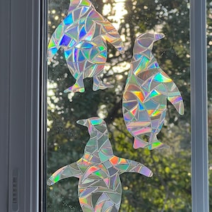 PENGUIN SUNCATCHERS, penguins rainbow maker, winter window rainbow cling, suncatcher reusable, sun catcher, Set of 3