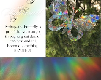 ENCOURAGEMENT BUTTERFLY Sun Catcher – Rainbow Prism Window Cling, Uplifting Gift, Reusable Cling (3.5” x 5.5”)
