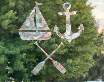 Lake Life Suncatchers, Sailboat Anchor Oars, Prismatic Vinyl Rainbow Maker Cling
