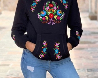 Sudadera bordada a mano,sudadera con flores mexicanas, sudadera artesanal hecha en México, sudadera con capucha con bordado floral,sudadera