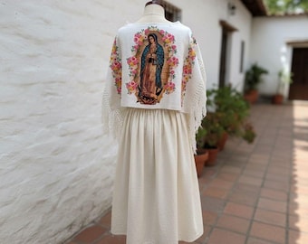 Virgin of Guadalupe Mexican Shawl, Floral Blanquet Wrap