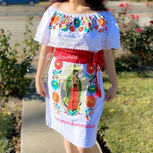 Virgen de Guadalupe dress/Embroidered Mexican dress/floral embroidered Mexican dress/cinco de mayo dress/Mexican party dress