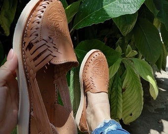 Sandalias Huarache con acabado rosa/Huarache cafe/Sandalias de piel con acabado/Sandalias mexicanas para mujer/Zapatos huarache para mujer/