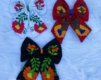 Handmade Embroidered Floral Hair Bow, Mexican Style
