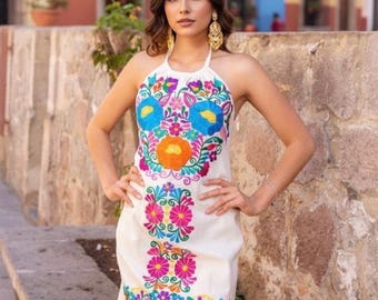 Embroidered Mexican Dress: Floral Manta Cotton, Halter Neck