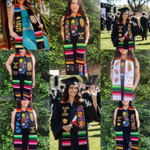 Mexican graduation stole with serape embroidered with flowers.Graduation stole. Mexican graduation stole.Class of 2025(6)personalized stole