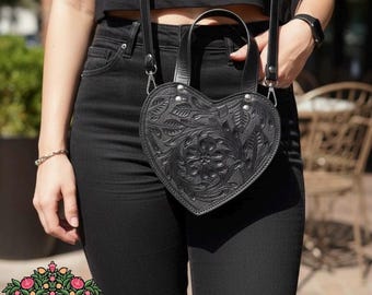 CORAZON BLACK HANDBAG/Western hand tooled Handbag/Authentic Leather Purse/Handmade leather crossbody bag/ Genuine Leather Shoulder Bag/