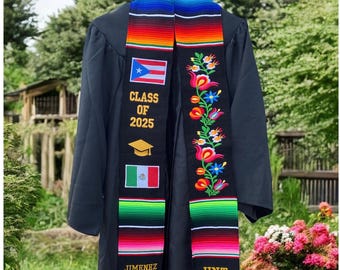 Mexican graduation stole with serape embroidered with flowers.Graduation stole. Mexican graduation stole.Class of 2025(6)personalized stole