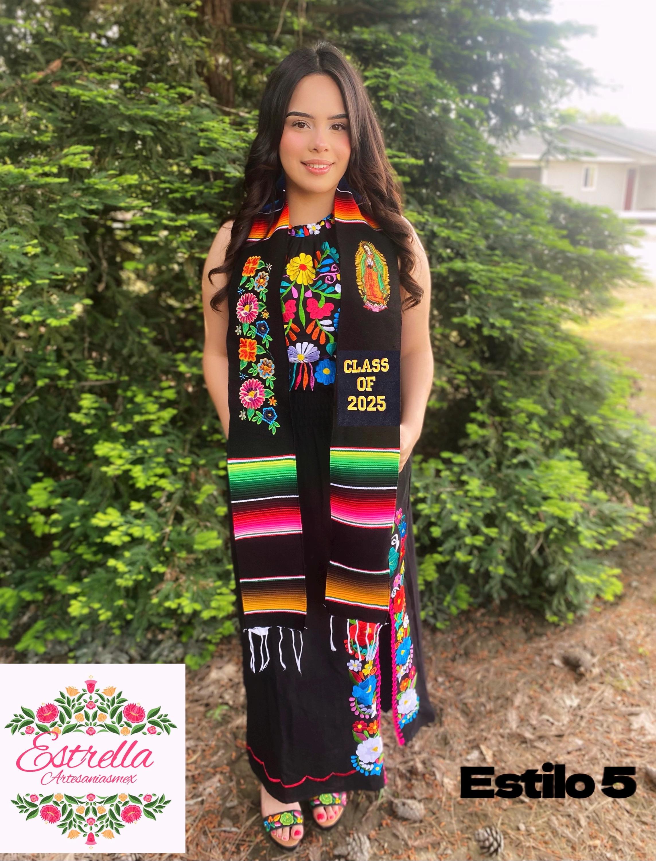 Mexikanische Abschlussstola mit Serape, bestickt mit Blumen. Abschlussstola. Mexikanische Abschlussstola. Abschlussjahrgang 2025. Personalisierte Stola.