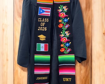 Estola de graduación mexicana personalizada con bordado floral/CANTIDAD LIMITADA.We embroider any flag