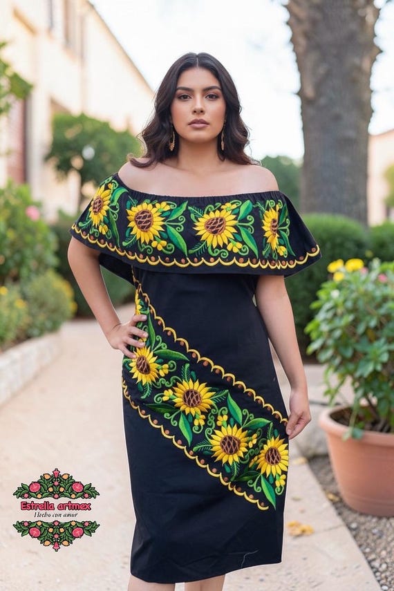 mexican traditional embroidered dress Mexican Dress for Women Traditional One Shoulder Flowy Floral Long Maxi  Dresses Vestidos Mexicanos para Mujer Cinco de Mayo Fiesta Outfit Black  Floral S at Amazon Women's Clothing store
