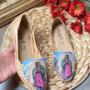 Handmade Leather Huarache Sandals, Virgen de Guadalupe, Mexican Boho Style