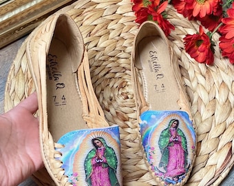 Handmade Leather Huarache Sandals, Virgen de Guadalupe, Mexican Boho Style