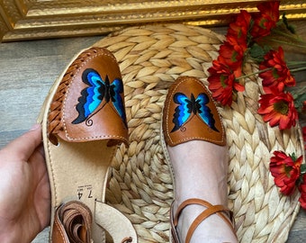 Mexican sandals for women, handmade leather huaraches sandals with laces, Mexican huaraches sandals, MARIPOSA lace-up Mexican leather shoes